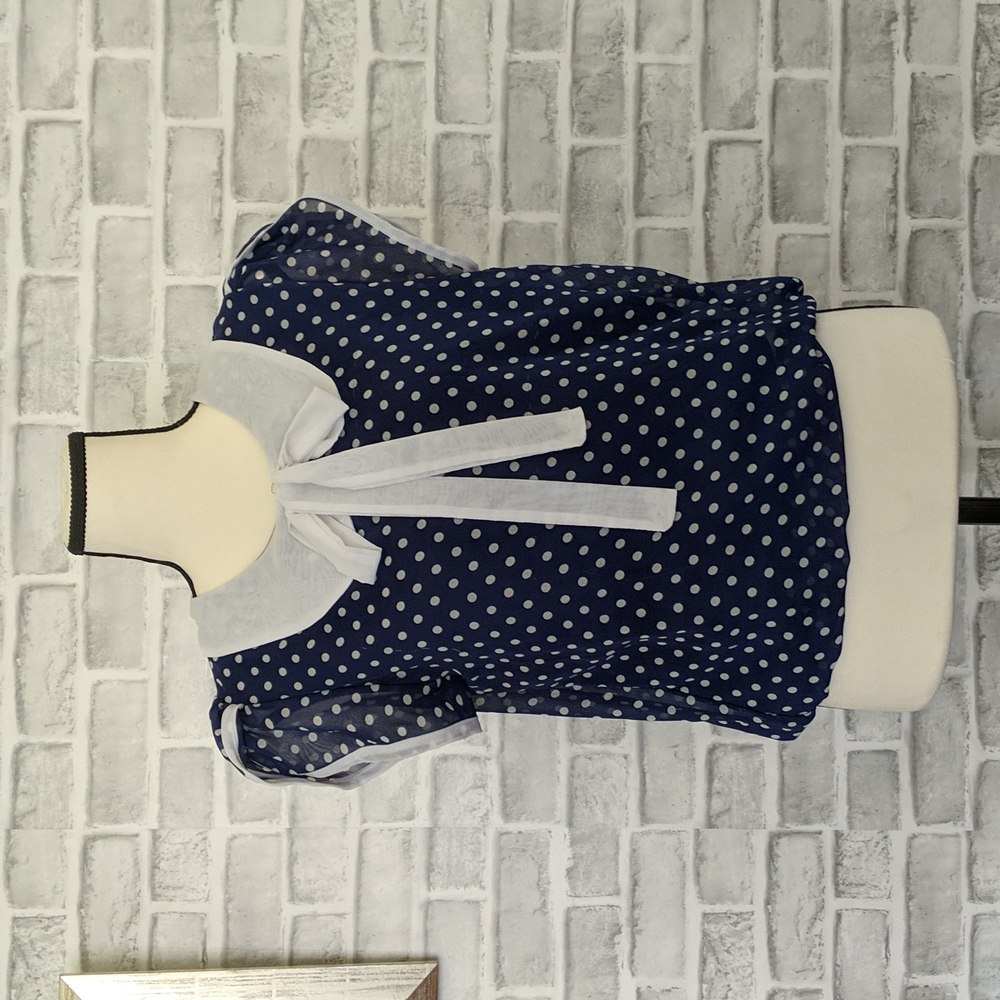 Navy Blue & White Polka Dot Blouse w/ Ribbon Tie; Small